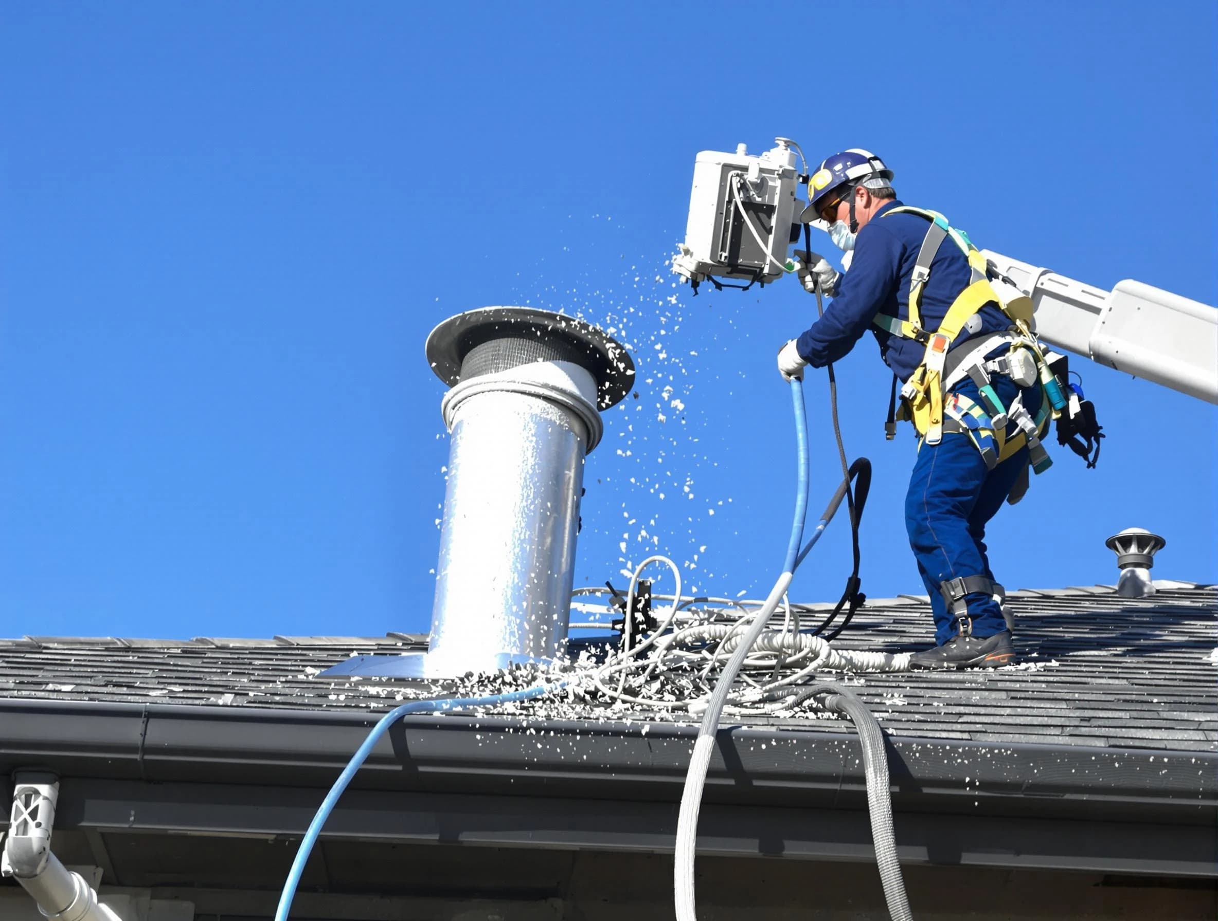Rio Rancho Dryer Vent Cleaning certified technician safely cleaning a roof-mounted dryer vent in Rio Rancho