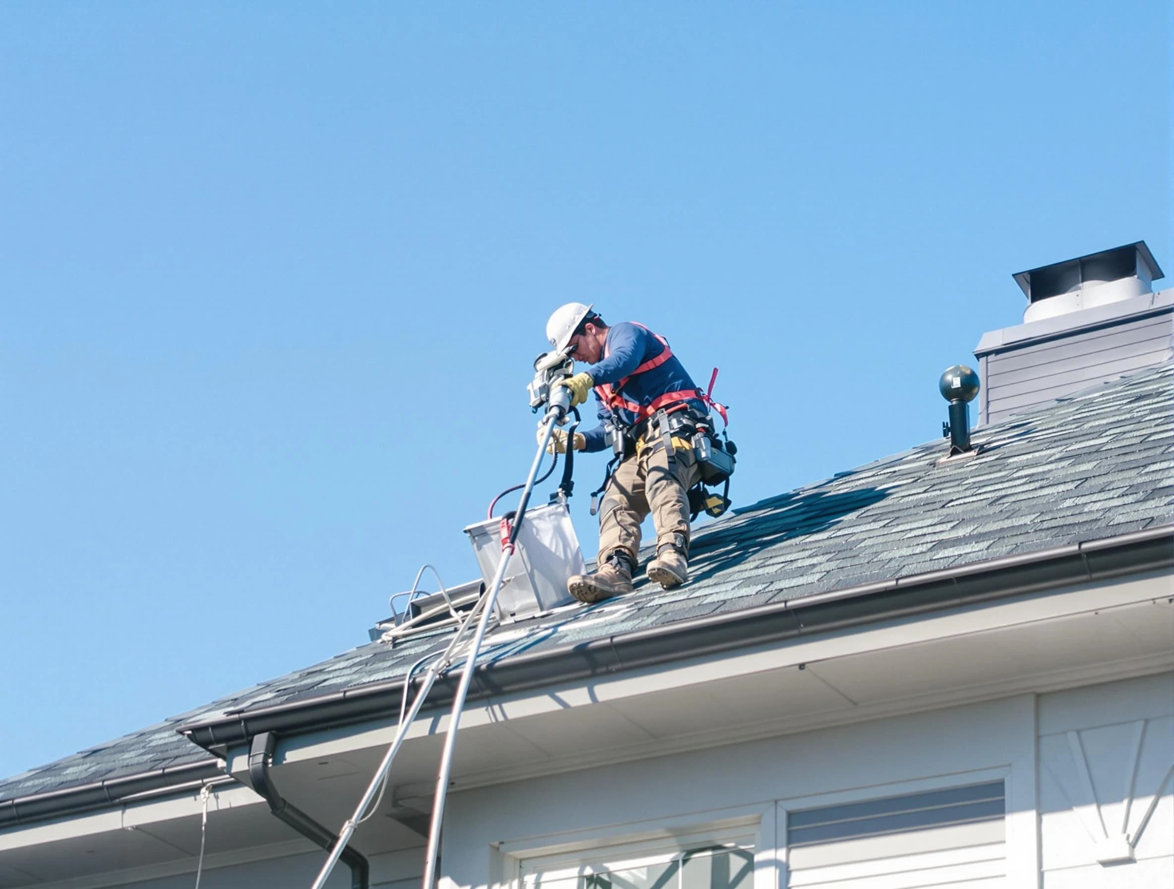 Rio Rancho Dryer Vent Cleaning certified technician cleaning a roof-mounted dryer vent system in Rio Rancho
