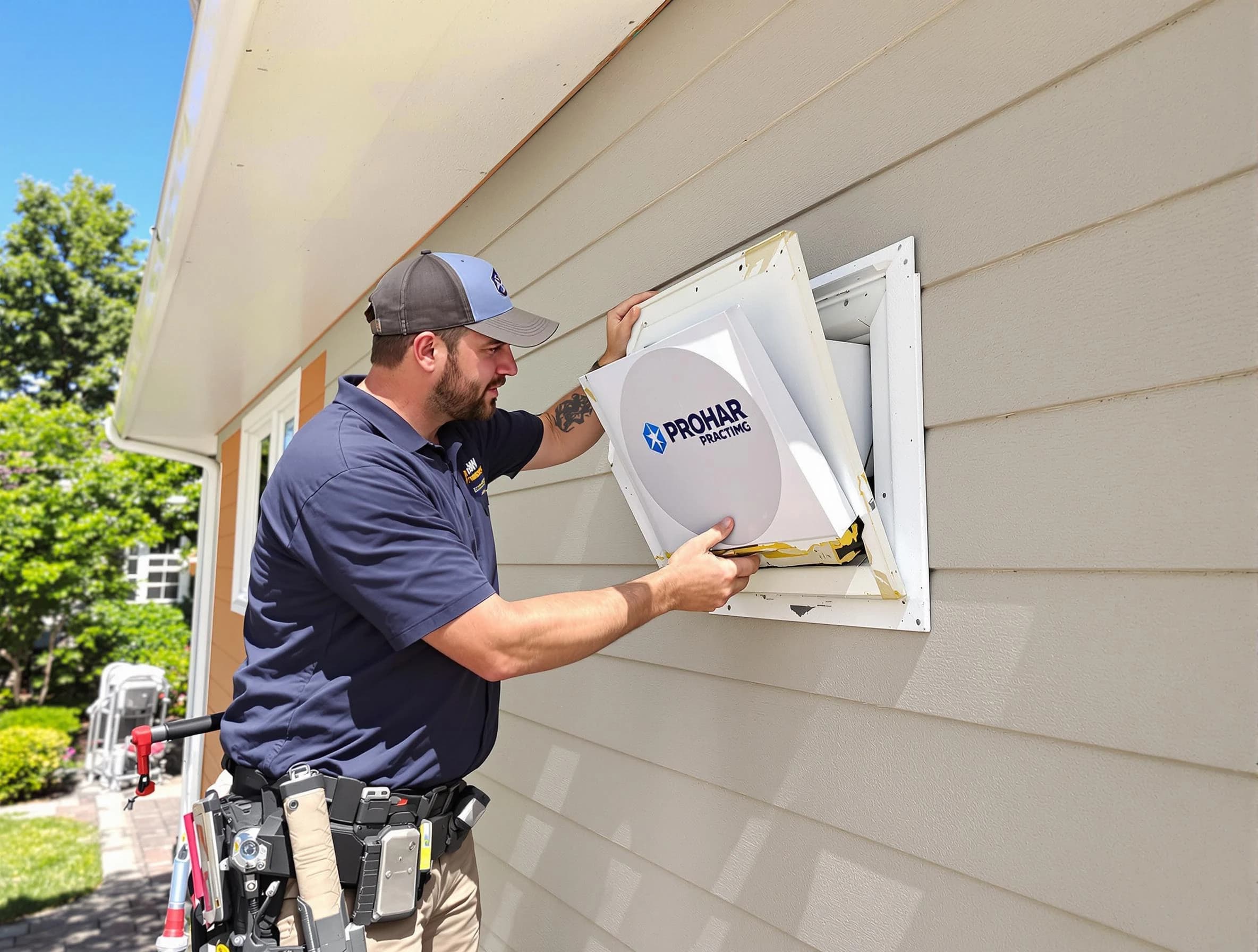 Rio Rancho Dryer Vent Cleaning technician installing a new protective dryer vent cover on a home in Rio Rancho