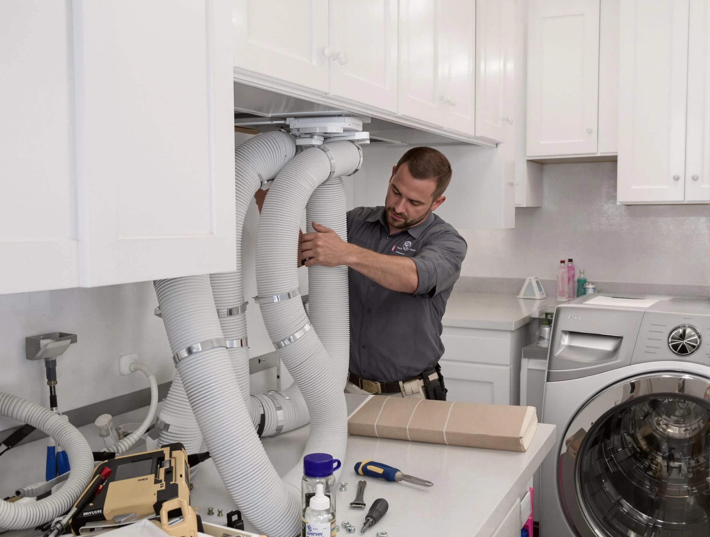 Rio Rancho Dryer Vent Cleaning technician installing a new professional-grade dryer vent hose in Rio Rancho
