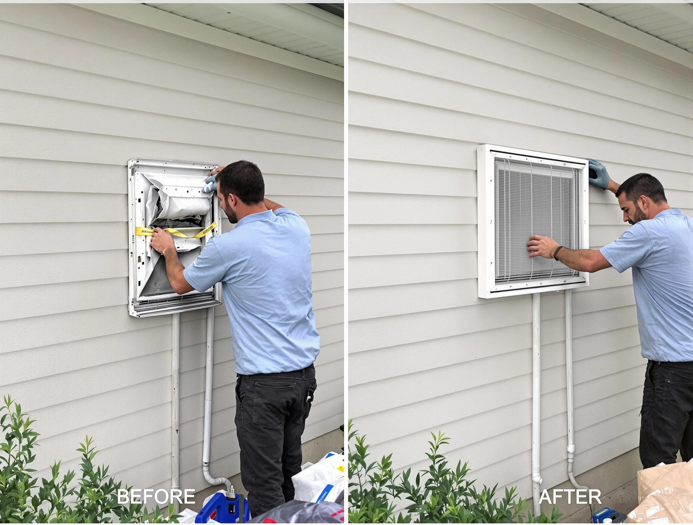 Rio Rancho Dryer Vent Cleaning technician installing high-quality dryer vent cover at a residential property in Rio Rancho
